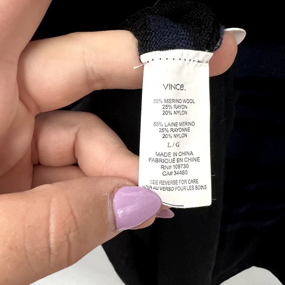 Vince Womens Sweater L Merino Wool Stripe Long Sleeve Boat Neck Navy Black - Picture 5 of 6